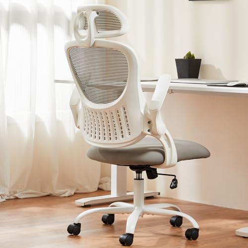 SMUG Office Computer Desk Chair, Ergonomic High-Back Mesh Rolling Work Task Chairs with Wheels and Adjustable Headrests, Comfortable Lumbar Support, Comfy Flip-up Arms for Home, Bedroom, Study, Grey