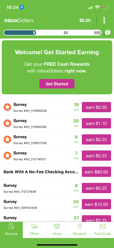 screenshot of Inbox Dollars cash app survey app