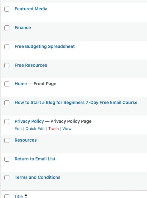 screenshot of pages in wordpress
