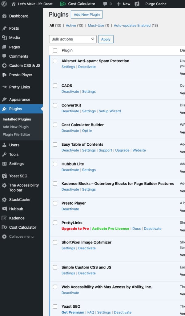 screenshot of recommended WordPress plugins