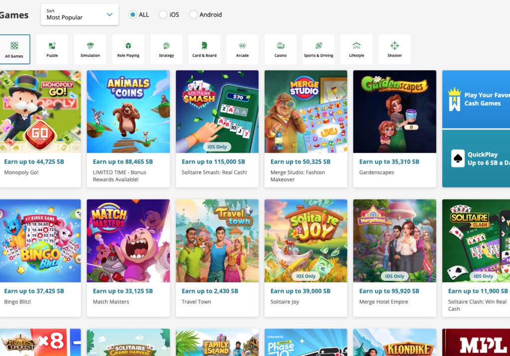 screenshot of games that pay in swagbucks