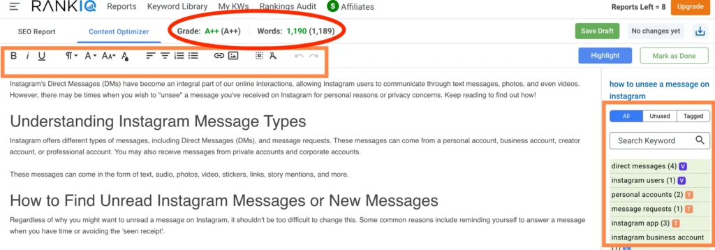 screenshot of desktop view for rankIQ content optimization feature