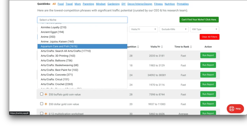 screenshot of desktop view of RankIQ keyword library with list of keywords for top blogging niches