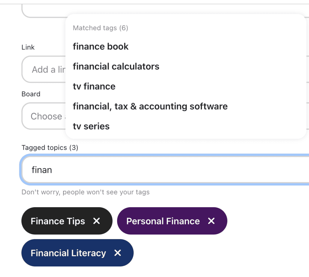 screenshot of pinterest pin tags in the pinterest native scheduler.